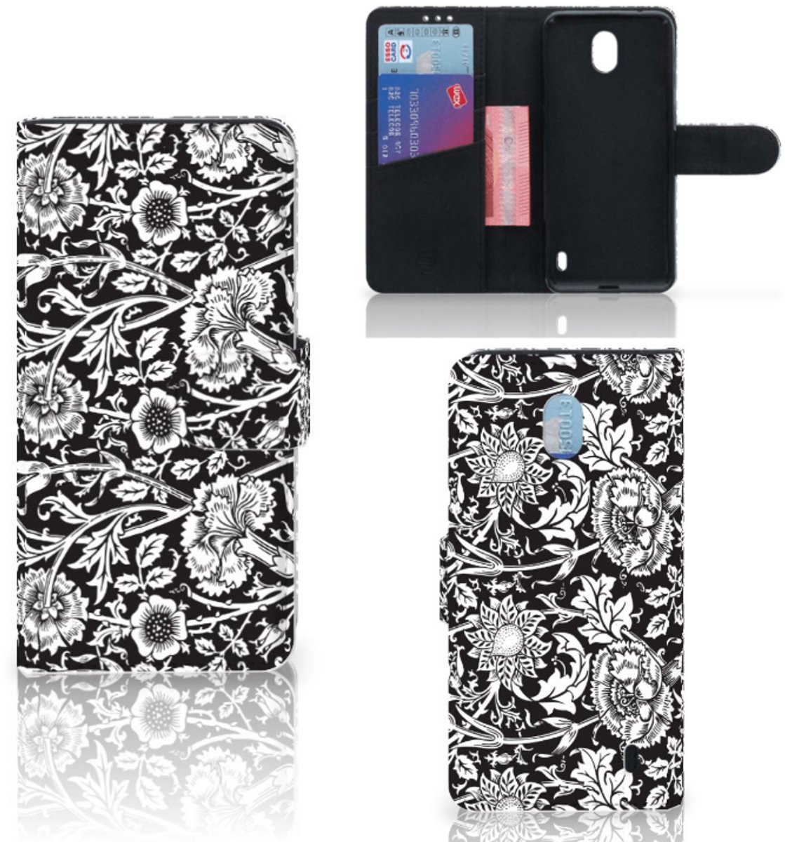 Nokia 1 Plus Hoesje Black Flowers