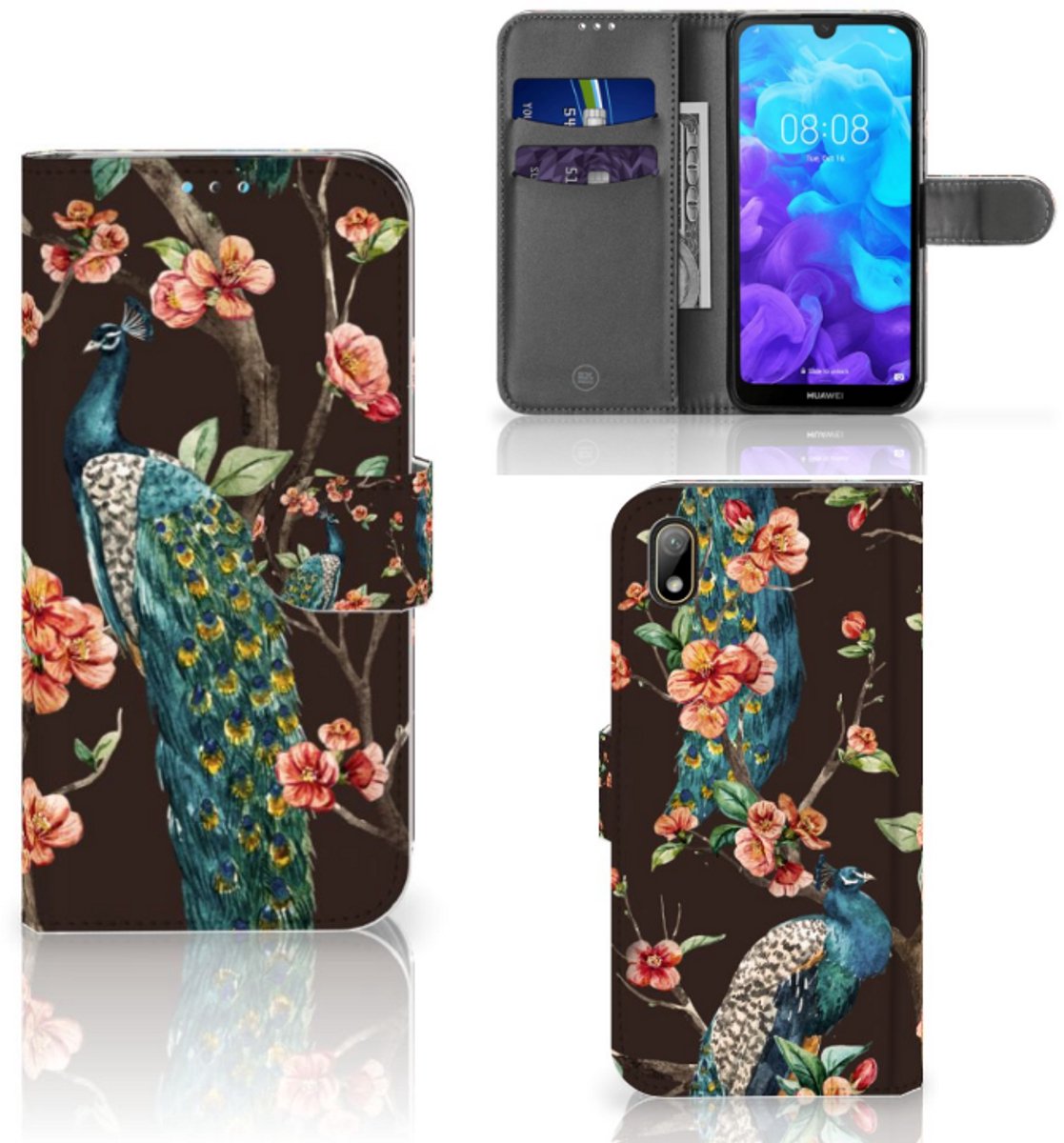 Huawei Y5 (2019) Telefoonhoesje met Pasjes Pauw met Bloemen