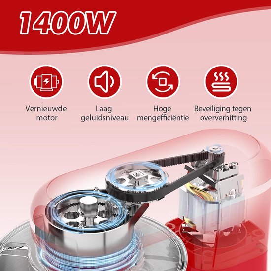 Keukenmachine met 6,2 L Capaciteit en 1400W Vermogen - Staande Mixer met Planetaire Mengtechniek — afbeelding 5