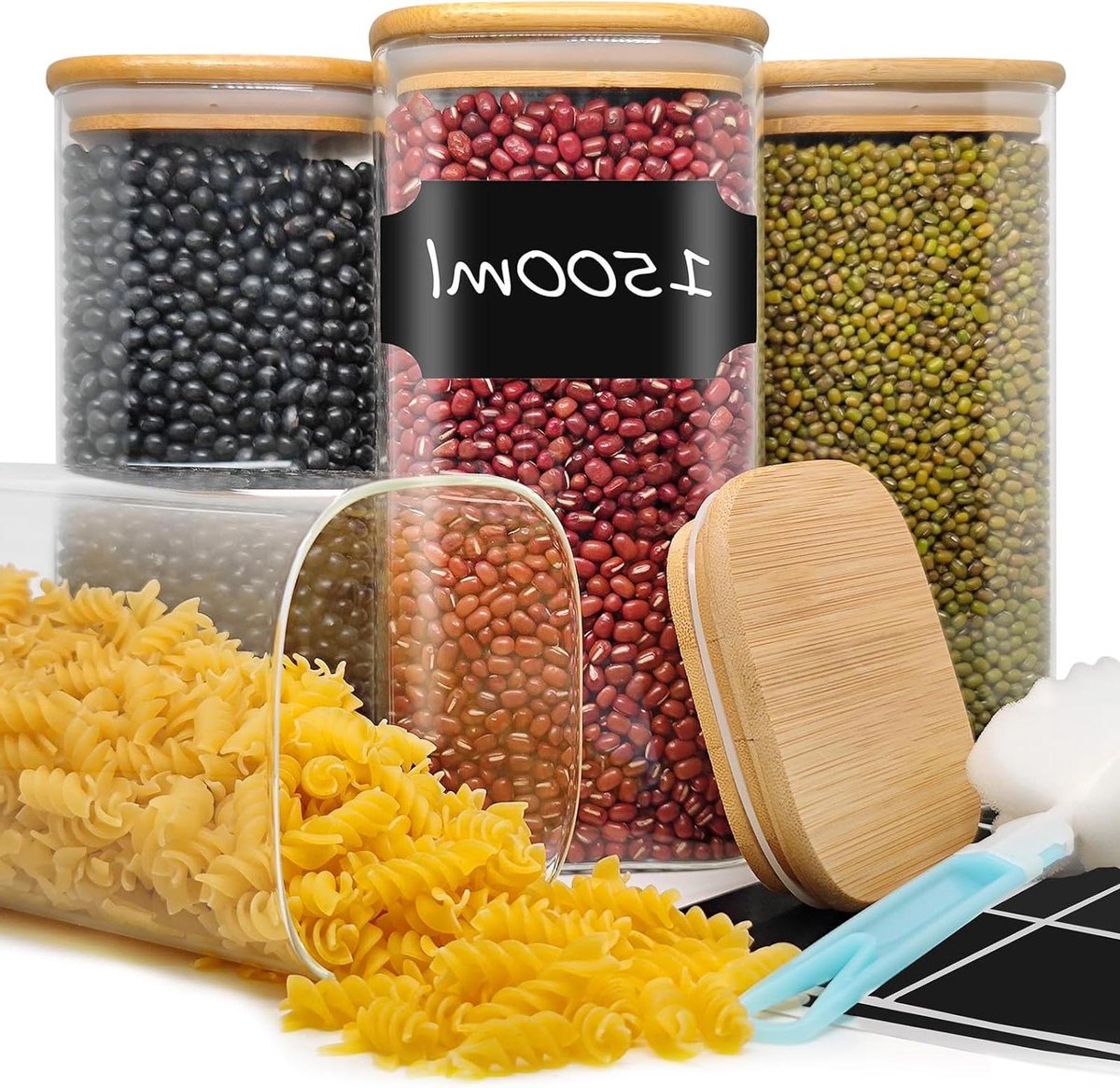 Voorraaddozen set van 4 met 1500 ml inhoud voor cornflakes, muesli en bonen