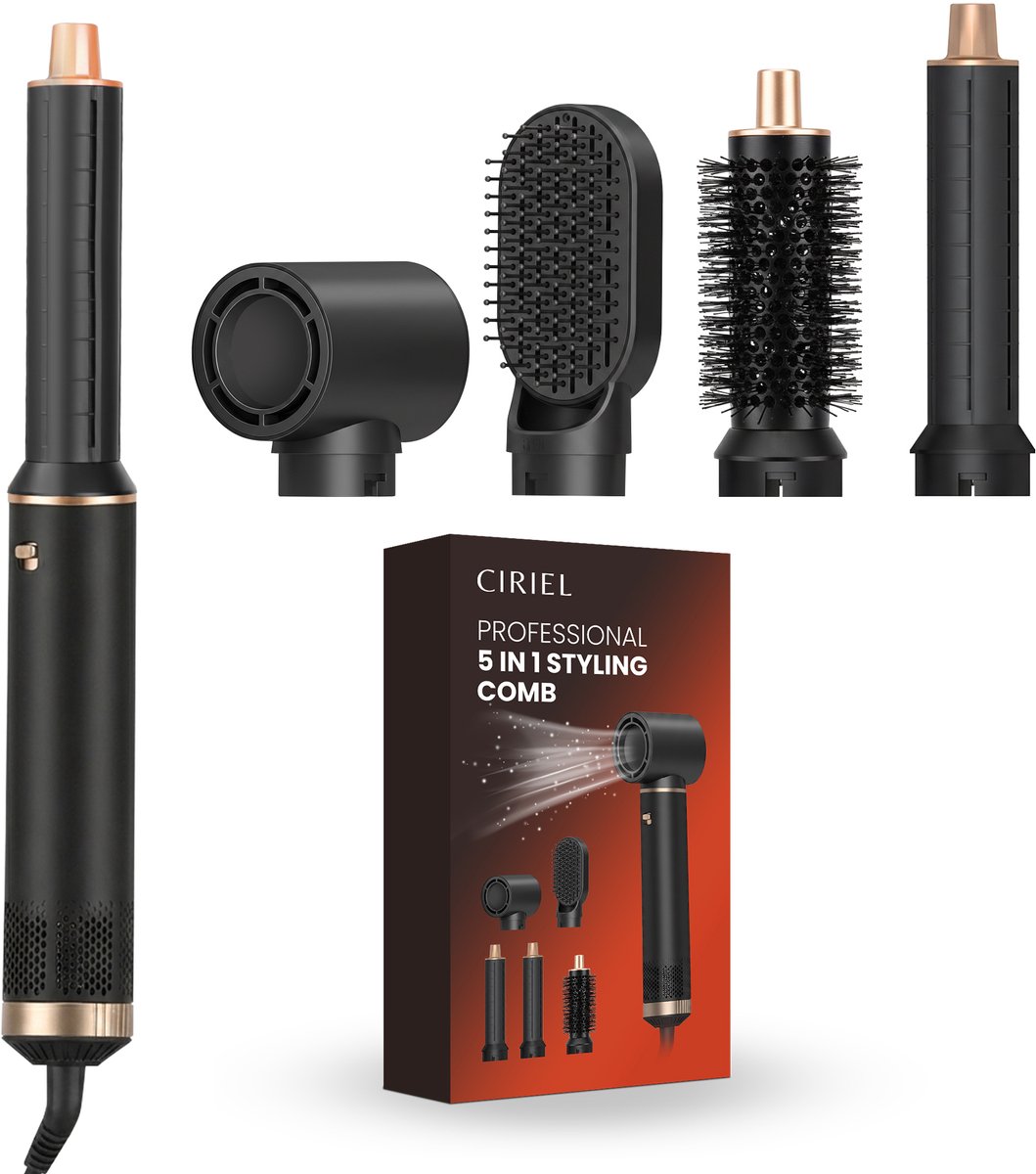 CIRIEL StyleWrap 5 — 5-in-1 Fohnborstel – Krulborstel & Multistyler – Krultang - Stijlborstel - Warmteborstel - Haardroger - Haarstyler – 5 Opzetstukken - Zwart