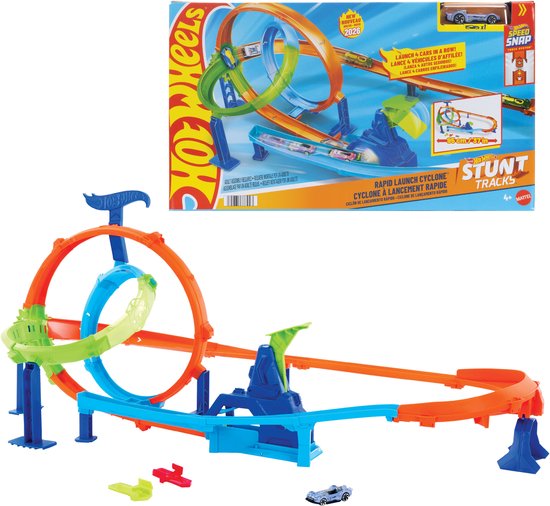 Hot Wheels Stuntbanen Snelle Lanceringscycloon Baanset en metalen speelgoedauto