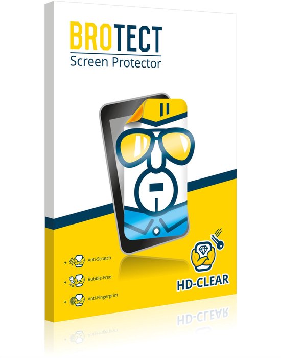 Emballage de protecteur d'écran BROTECT avec un smartphone portant des lunettes folles, icônes anti-rayures, sans bulles et anti-traces de doigts.