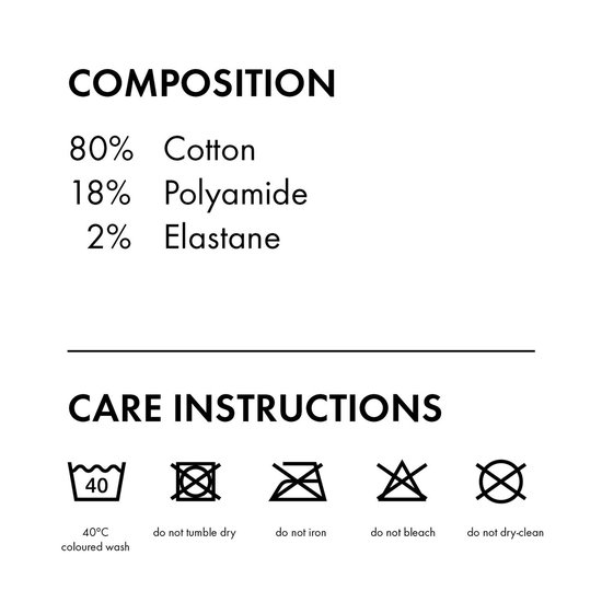 Samenstelling en wasinstructies: 80% katoen, 18% polyamide, 2% elastan.