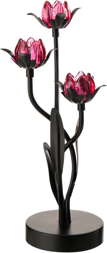 Lampe noire en métal avec trois abat-jour roses en forme de fleur, posée sur une base ronde.