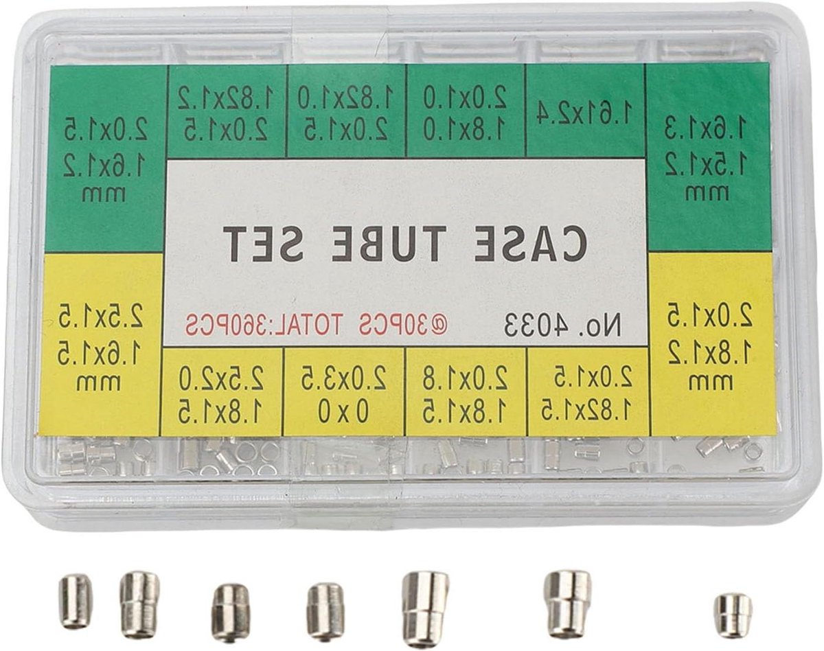 Allecto - Horlogekast reparatieset - Horlogemakers - 12 maten - Buizenset - Vervanging onderdelen - Geschikt voor alle merken - Zwart metaal - Complete set voor horlogeres reparatie, 360-delig
