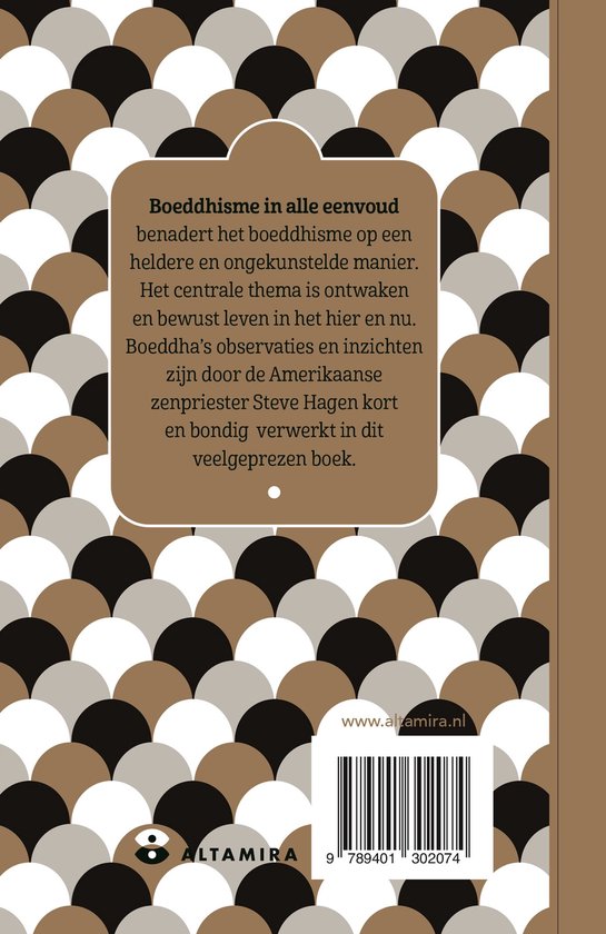 Boek met bruine, zwarte en witte cirkelpatronen. Met een bruin kader met Nederlandse tekst over boeddhisme. barcode en Altamira logo.
