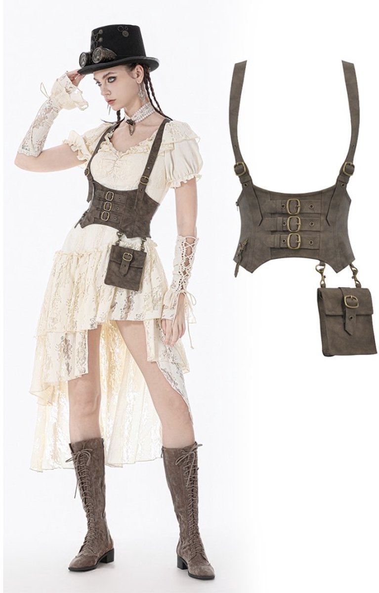 Dark in Love - Steampunk Vintage PU Leather Corset Vest Underbust korset - L - Bruin