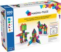 Doos met 100 Magna-Tiles, met een 3D-illustratie van figuren en dieren gebouwd met tegels.