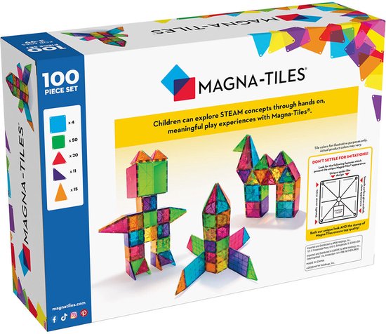 Doos met 100 Magna-Tiles, met een 3D-illustratie van figuren en dieren gebouwd met tegels.