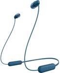 Blauwe Sony draadloze oordopjes met blauwe kabel en control unit.