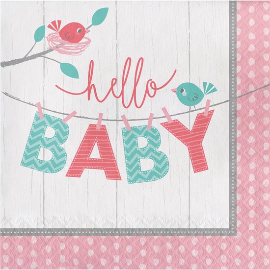 CREATIVE PARTY USA - 16 roze "Hello Baby" papieren servetten 33 x 33 cm voor doop