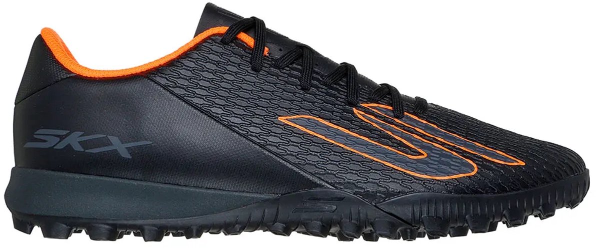 Zwarte Skechers Club TF voetbalschoenen EU 41 met oranje accenten en een lichtgewicht, gevormd bovenwerk voor kunstgras.
