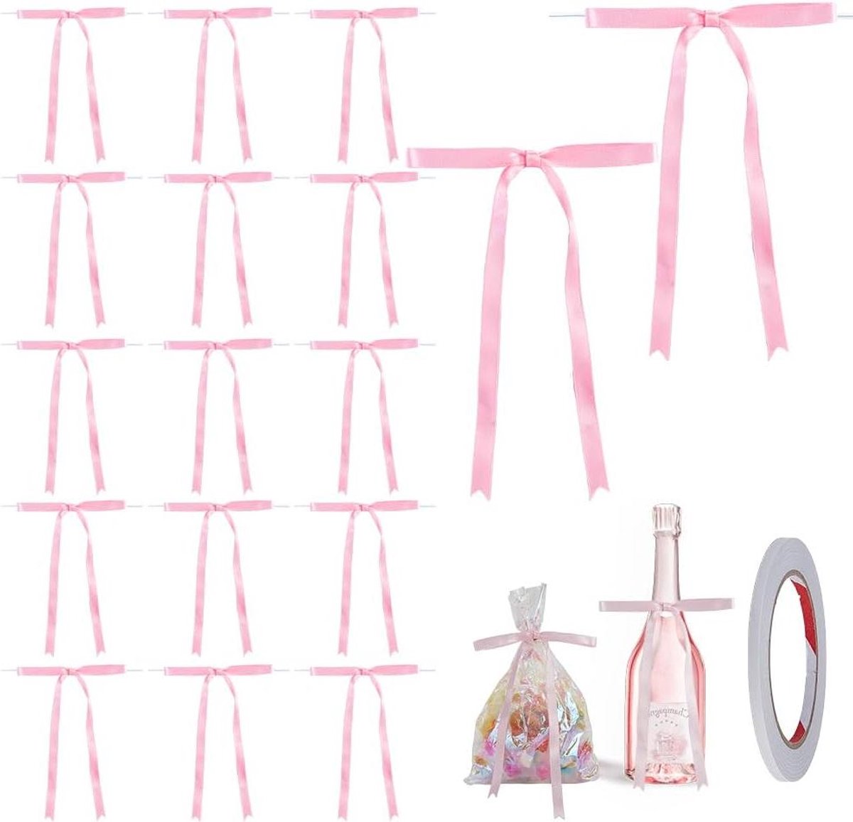 Allecto - Satijnen Lintstrikken - Polyester Strik - Dubbelzijdig Plakband - Strikornamenten - Doe-het-zelf Ambachten - Geschenkverpakking - Verjaardagsfeestje - Bruiloft - Geschikt voor - Kleur of model - 50 stuks 10 x 20 cm.