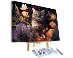 Schilderen op Nummer voor Volwassenen: Kat met Bloemen DIY Schilderij Set