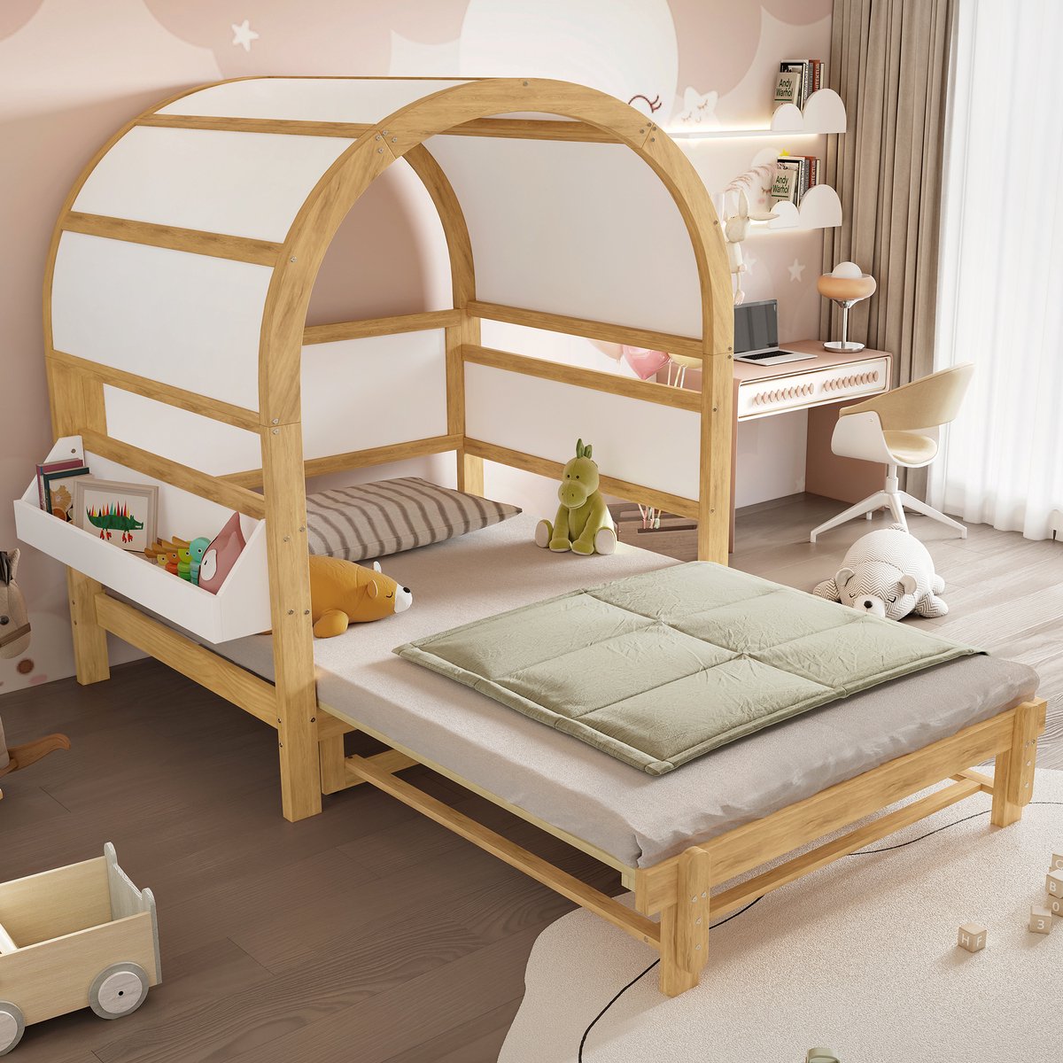 REDOM Uitschuifbaar Kinderbed – 140x200 cm – Met gebogen dak – Bedbank met schuifbed – Zijplank – Massief grenenhout & MDF – Wit & Naturel Wit+Natuurlijk