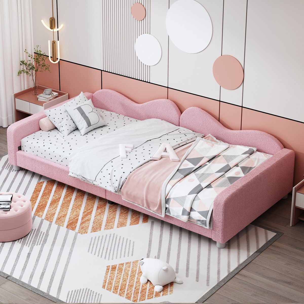 FloraGrace Kinderbed 90x200cm - Zacht Gestoffeerd Bed Met Rugleuning En Armleuningen - Met Lattenbodem - Zonder Matras - Teddystof - Roze