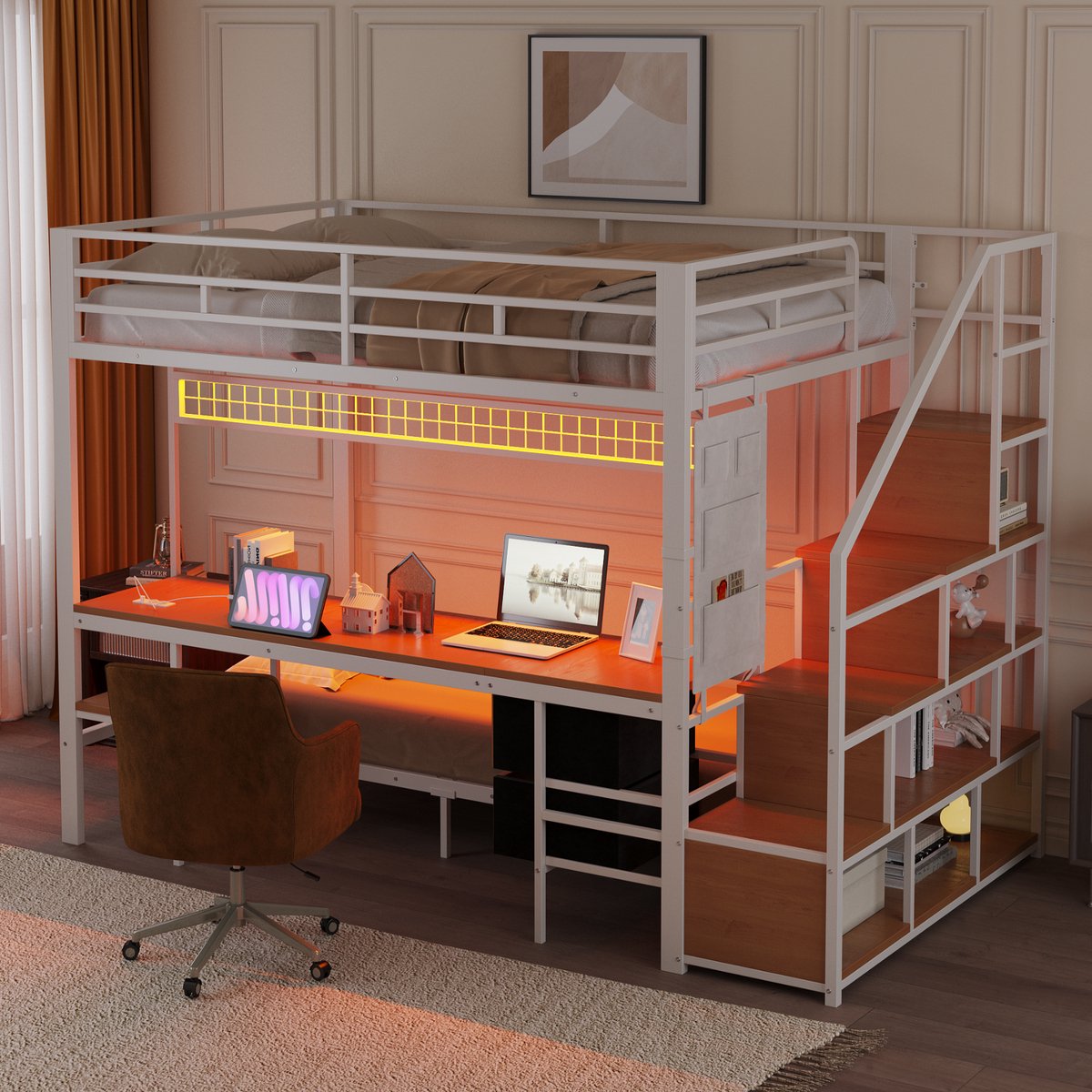 FloraGrace Hoogslaper 140x200cm – Met Bureau Met Ledverlichting En Stopcontacten – Met Onderbed 90x200cm En Opbergruimte – Zonder Matras – Metaal En Hout – Wit