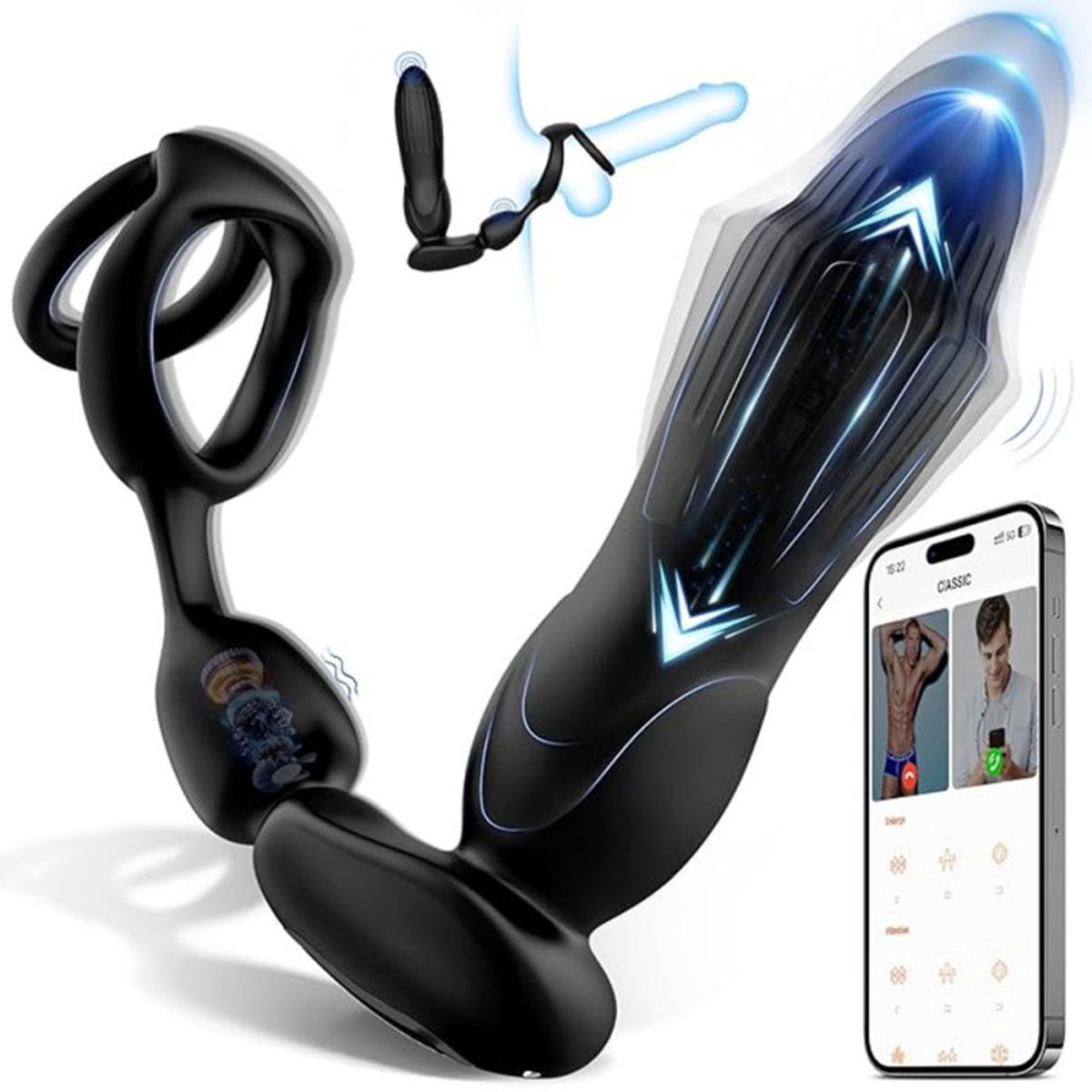 Prostaat Vibrator met App-Bediening - Thrusting Functie & Dubbele Penisring - 100% Waterproof - Ergonomisch Design - Zwart