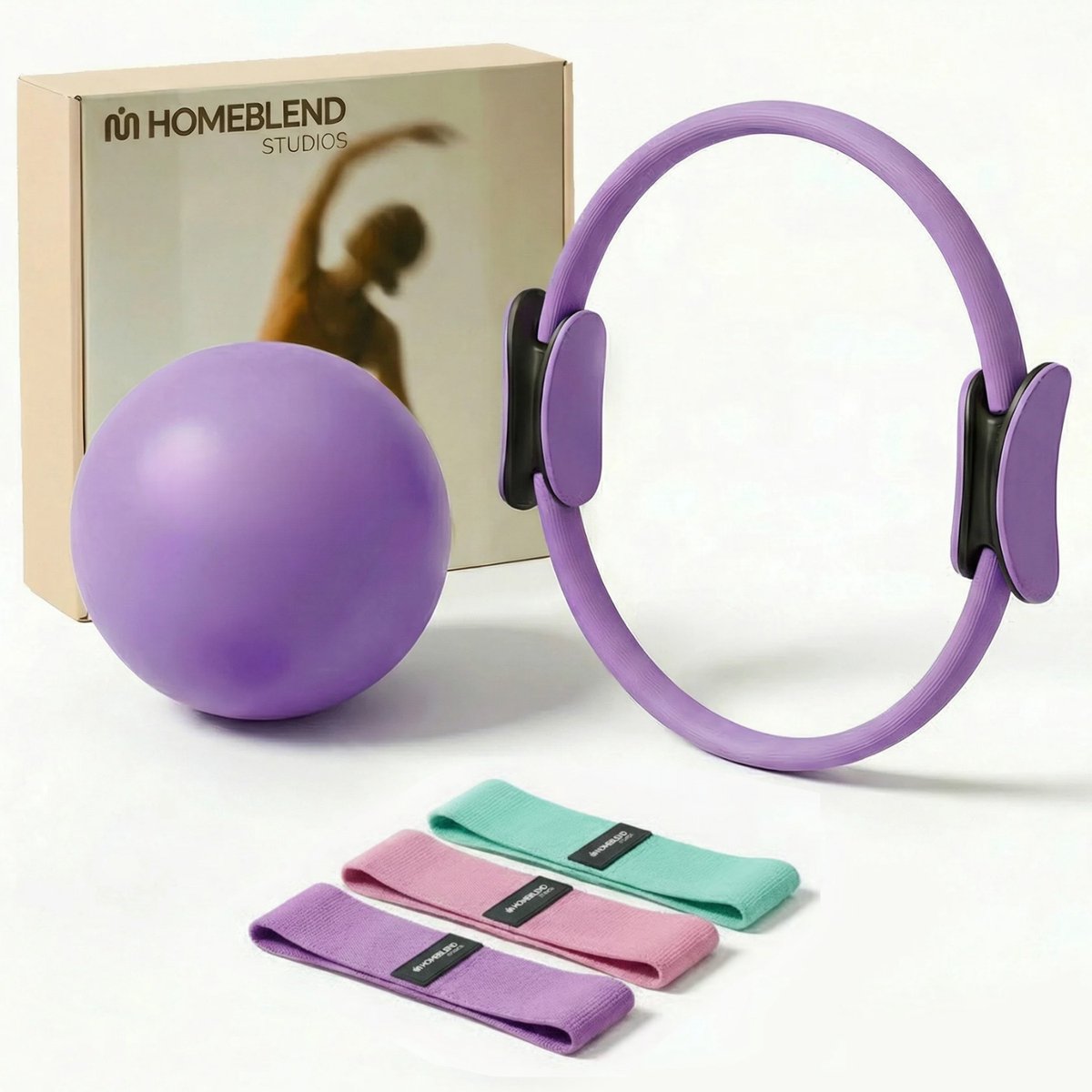 Homeblend Pilates Set 5-delig - Paars - Weerstandsbanden - Glute Bands - Yoga bal - Pilates Bal - Pilates ring - Fitness Thuis & Core Training