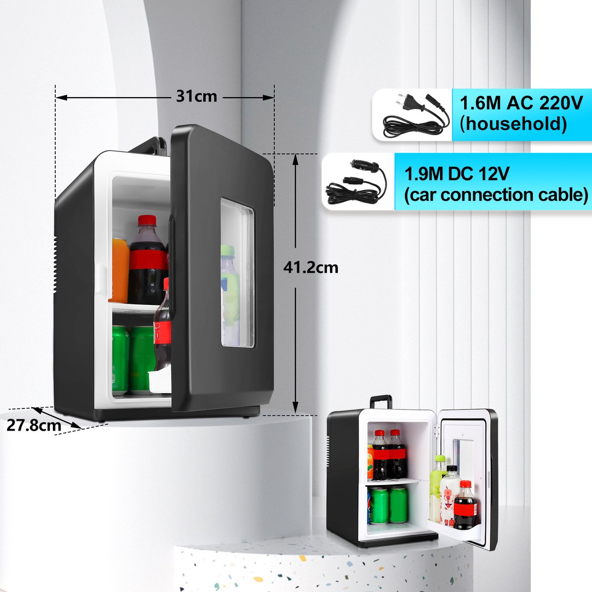 15L Mini koelkast - 2-in-1 Minibar - Koel & warm - AC/DC 230V/12V - Draagbare Mini Autokoelkast - Voor Auto, Kantoor, Camping & Thuis Eten, Drinken - Zwarte Glazen Deur — afbeelding 2