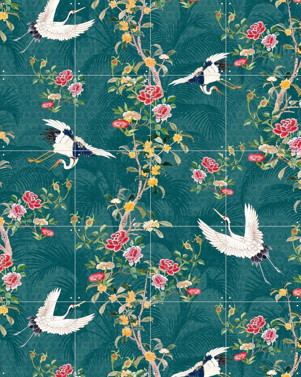 IXXI Chinoiserie Cranebirds, Bloomery Decor - 80 x 100 cm - Gratis ophangtool - Grote wanddecoratie en posters - Illustraties, Ornamenteel Ontwerp