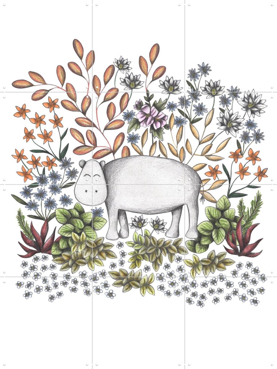 IXXI Safari Hippo, Cecilia Battaini - 60 x 80 cm - Gratis ophangtool - Grote wanddecoratie en posters - Illustraties, Speels, Fantasierijk