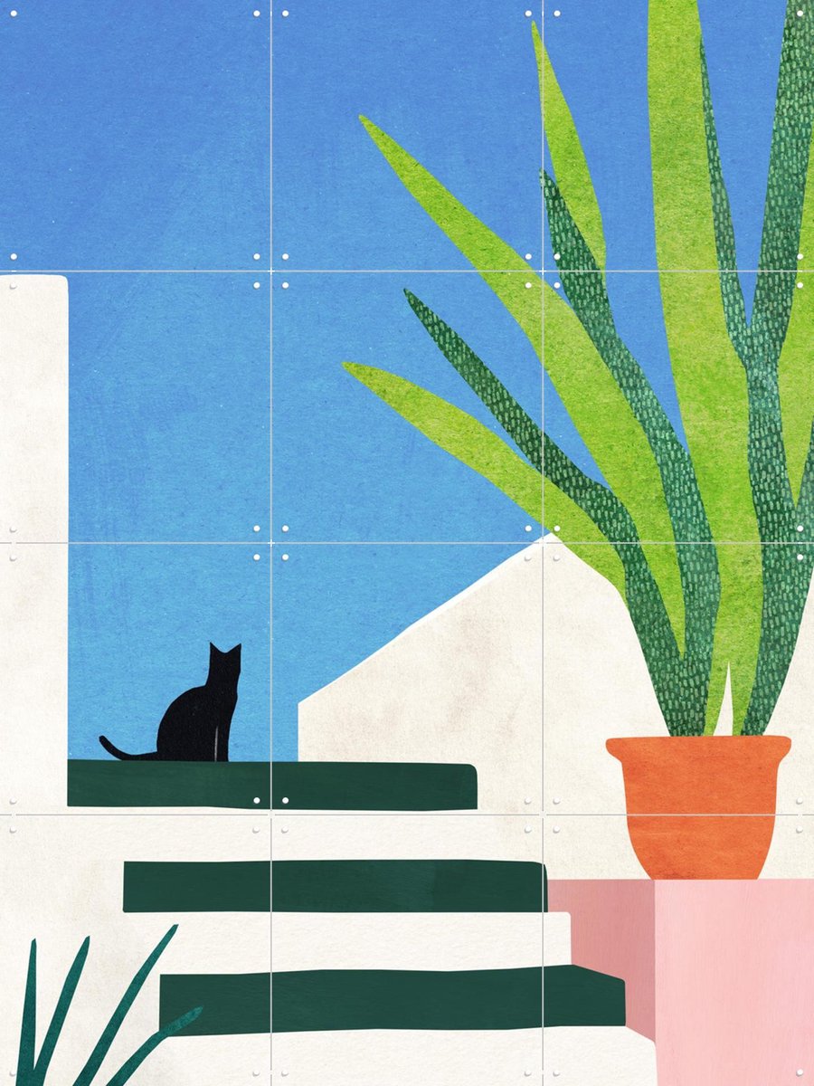 IXXI Cat on Greek Island, Henry Rivers - 60 x 80 cm - Gratis ophangtool - Grote wanddecoratie en posters - Geometrische Kunst, Illustraties
