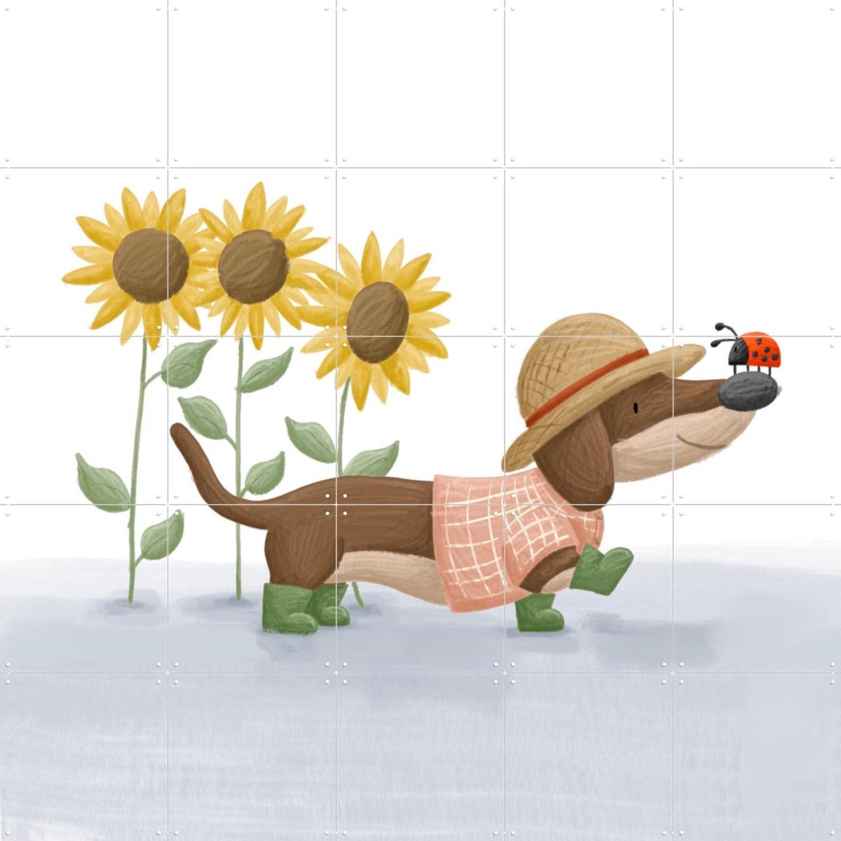 IXXI Sunflower Dachshund, Studio Phie - 100 x 100 cm - Gratis ophangtool - Grote wanddecoratie en posters - Illustraties, Cartoonesk, Speels
