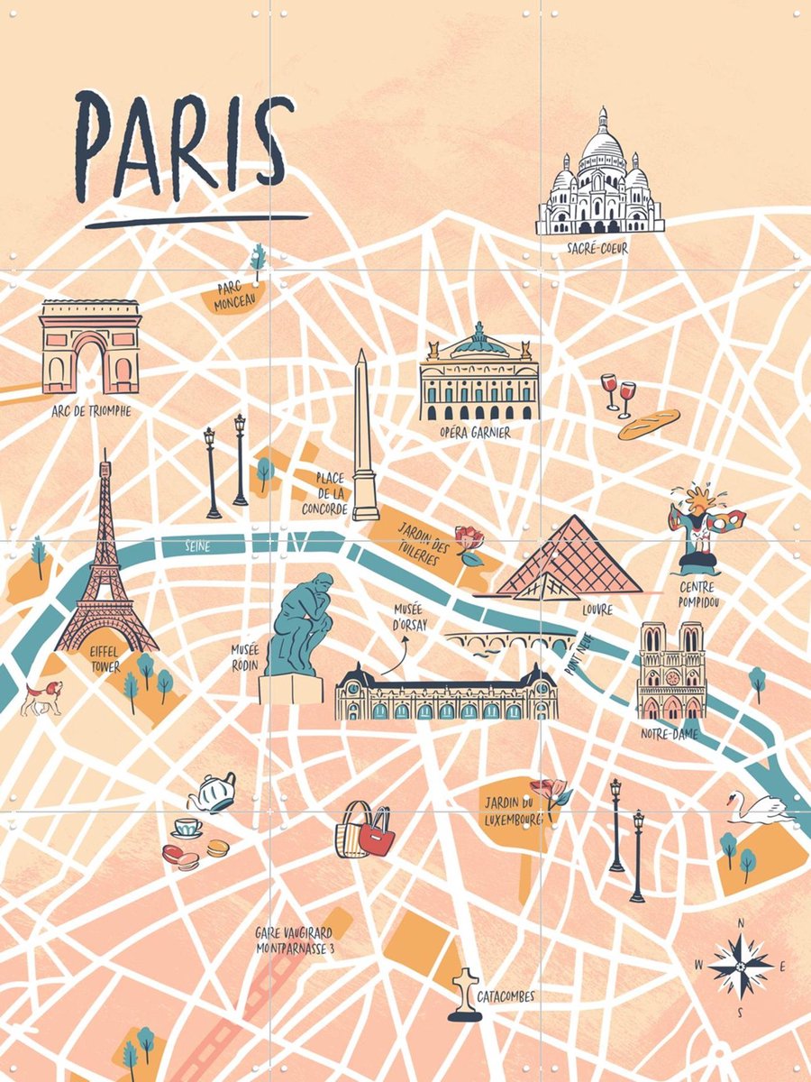 IXXI Paris Illustration, Revista Ontwerp & Kunst in Kaart - 60 x 80 cm - Gratis ophangtool - Grote wanddecoratie en posters - Digitale Kunst
