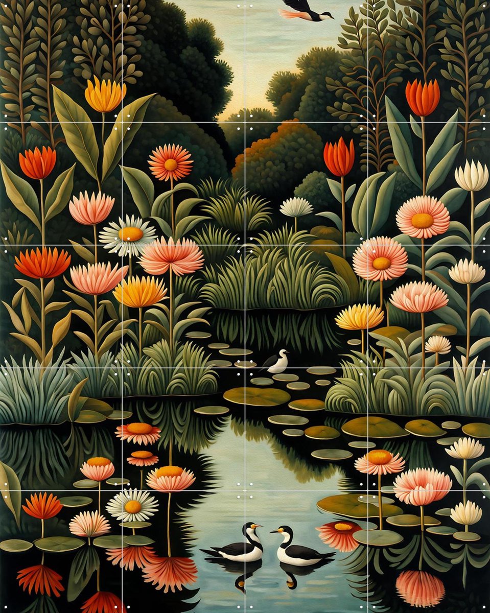 IXXI Birdsong Water Garden, Artclaud - 80 x 100 cm - Gratis ophangtool - Grote wanddecoratie en posters - Kleurrijk, Naturalisme, Grafisch Ontwerp