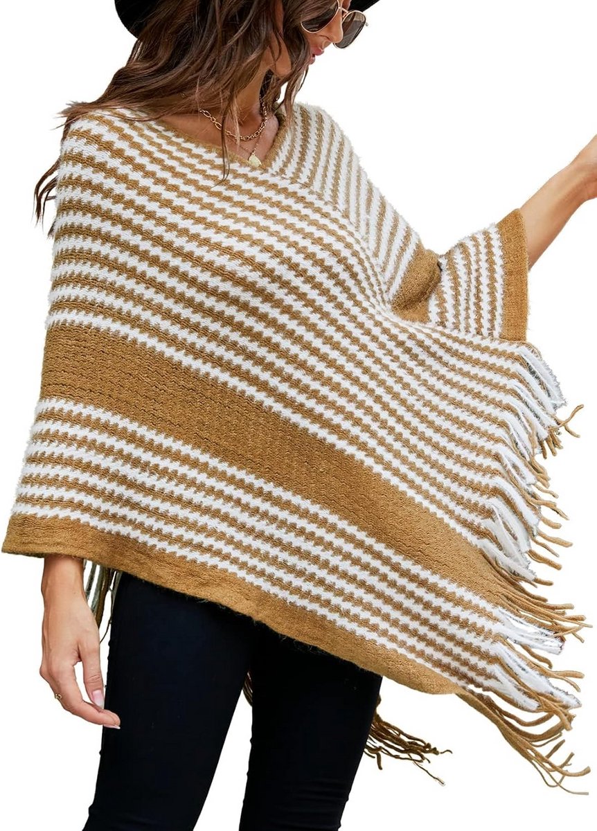 Warme gebreide poncho dames met franjes en strepen