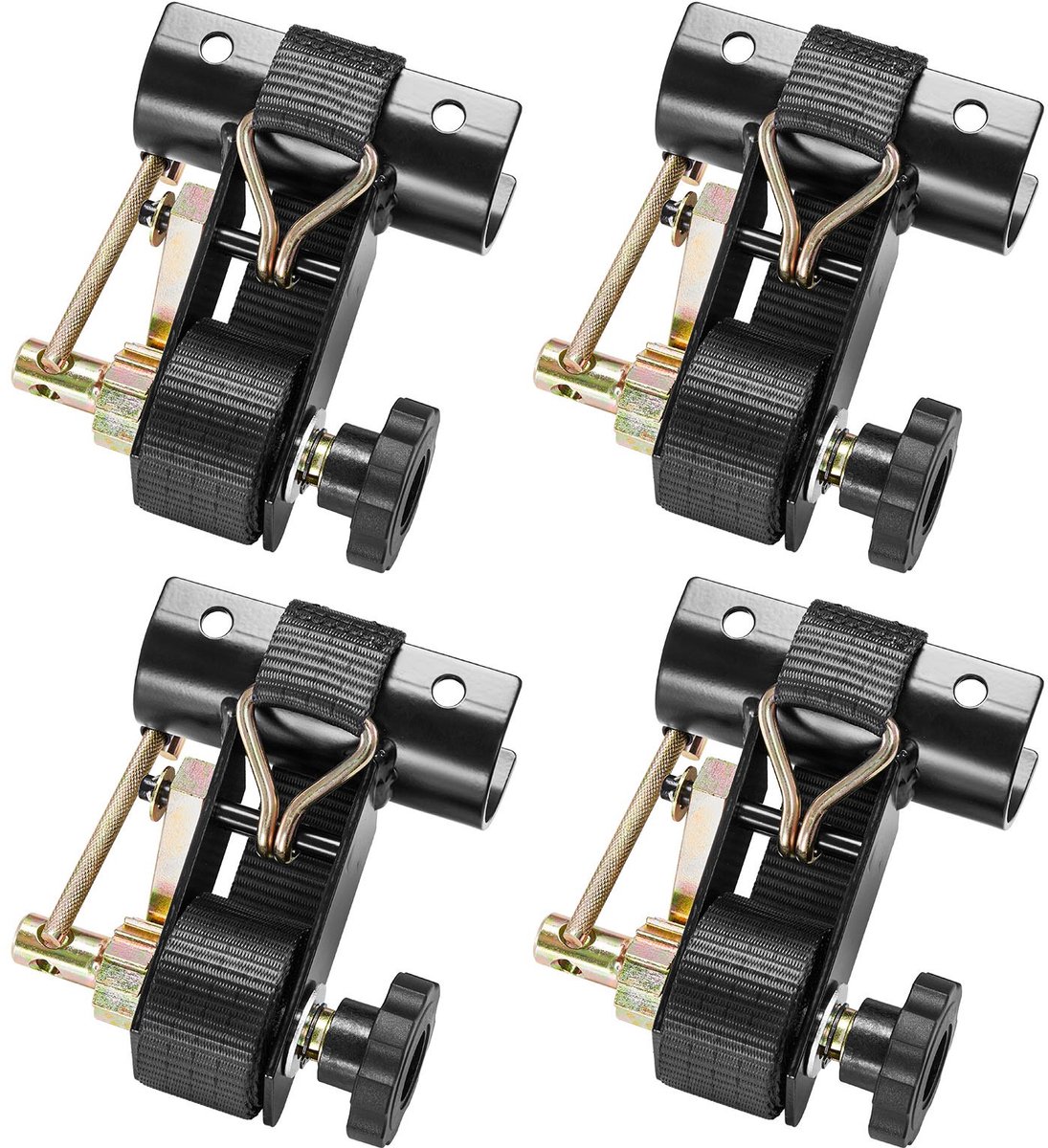 Ratelspanbanden Set - Sjorbanden met dubbele J-haken - 38 mm x 2,25 m - 226,8 kg draagvermogen - Met ronde buisklem Ø47,5–50,8 mm - Set van 4 - Zwart