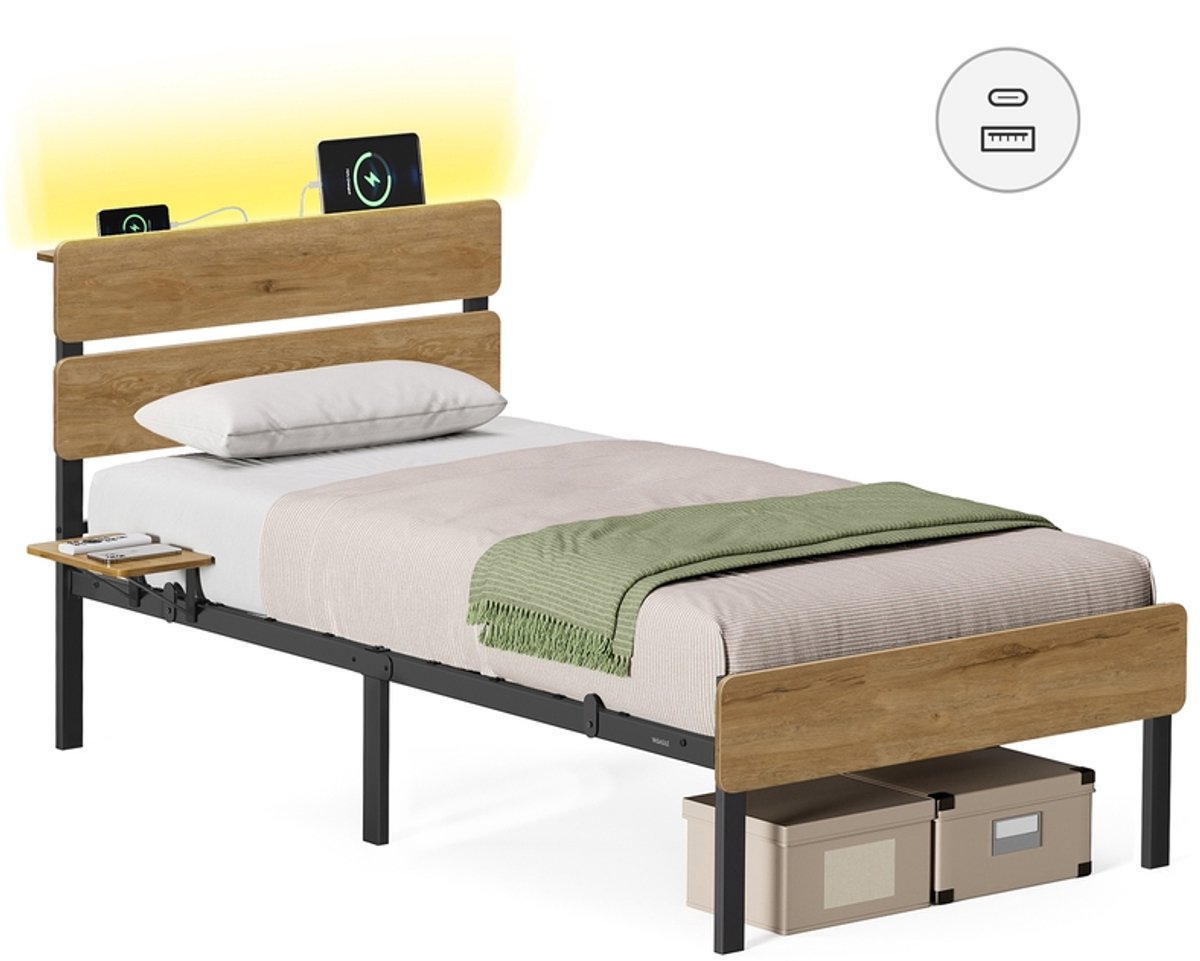 Songmics Bedframe - Tweepersoons - Met verlichting - Naturel bruin