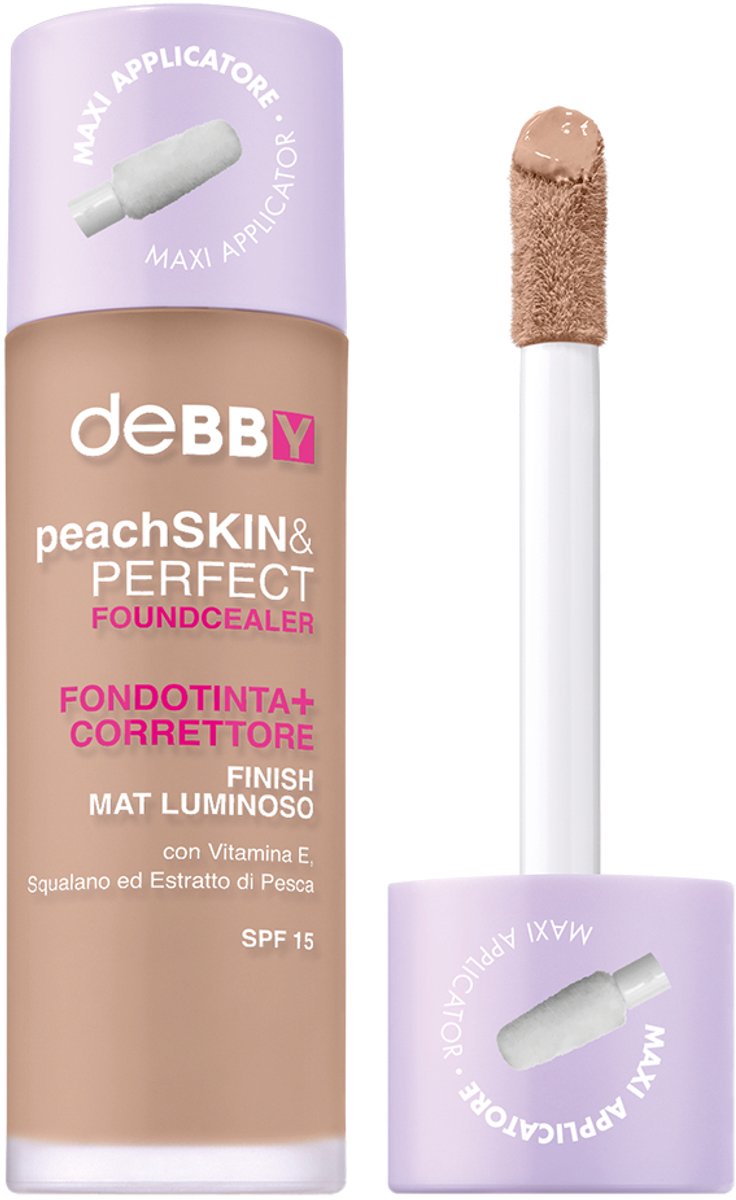 Debby Peach Skin Perfect Foundcealer – Kleur 05 Amber - 2‑in‑1 Foundation & Concealer – Medium Dekking Met Natuurlijke Finish – Egaliseert, Camoufleert Oneffenheden & Hydrateert – Licht & Blendbaar – Voor Stralende, Fluweelzachte Huid