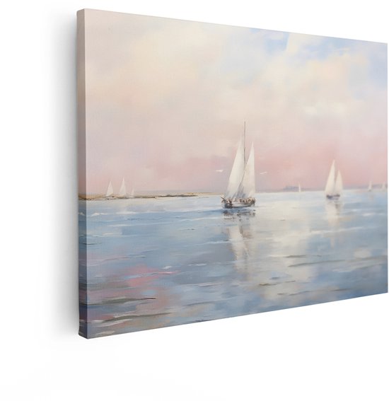Artaza Canvas Schilderij Zeilboten Varen op een Kalme Zee bij Zonsondergang met Pastelkleurige Luchten - 120x90 cm - Groot - Wanddecoratie Woonkamer - Schilderijen - Muurdecoratie