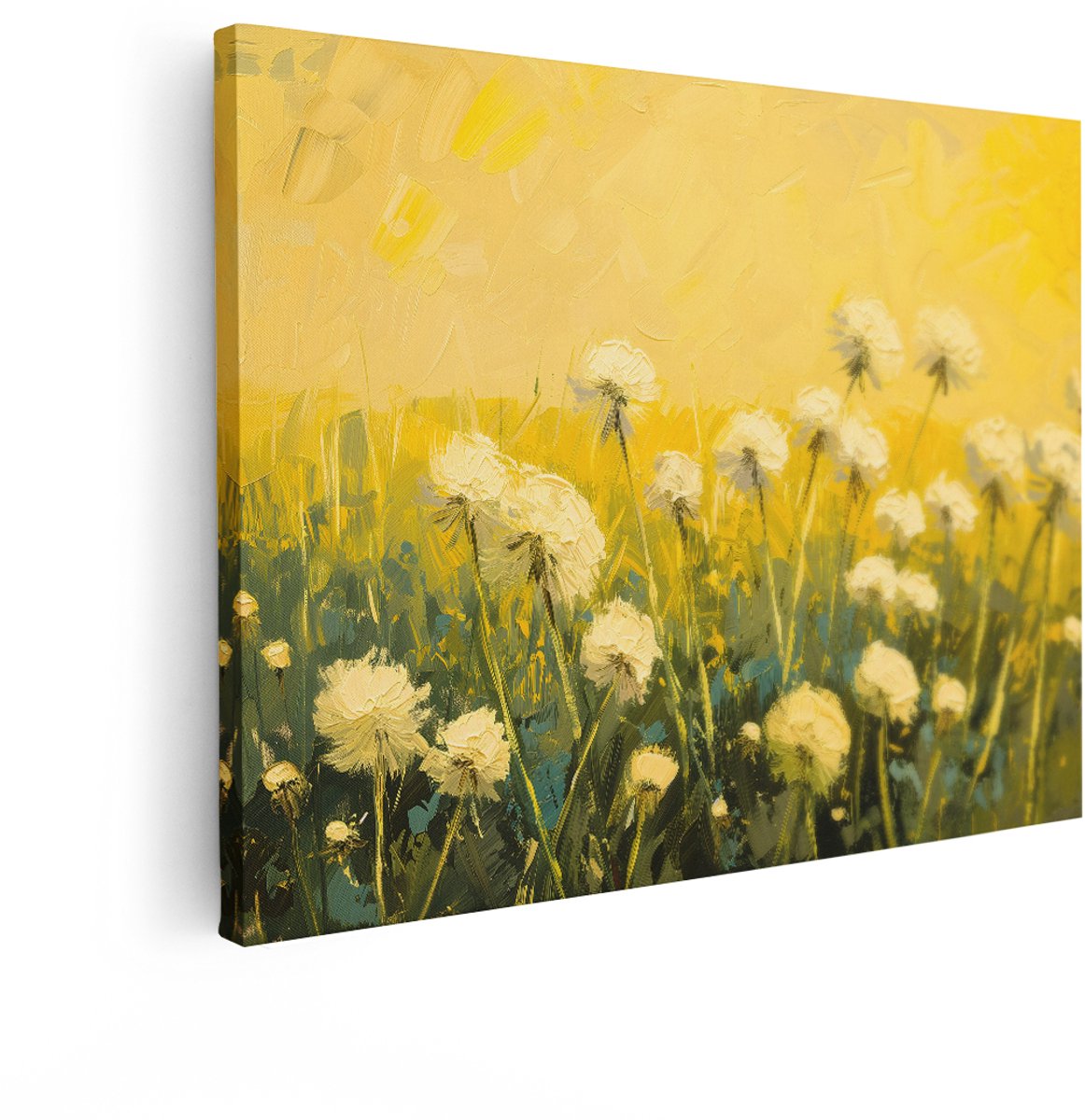 Artaza Canvas Schilderij Paardenbloemen - 80x60 cm - Wanddecoratie Bloemen Olieverf - Muurdecoratie Veld - Schilderijen Natuur - Geel