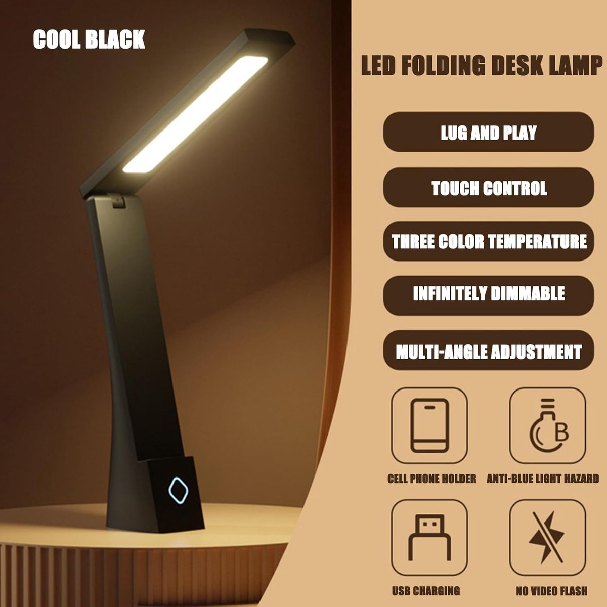 Oplaadbare Bureau Lamp - LED Leeslamp met Oogbescherming - Aanraak Dimmen voor Studie en Slaapkamer - Opvouwbare Lezen en Schrijven Lamp - Opvouwbaar en Draagbaar - Zwart Kleur — cadeau in Gadgets - foto 7