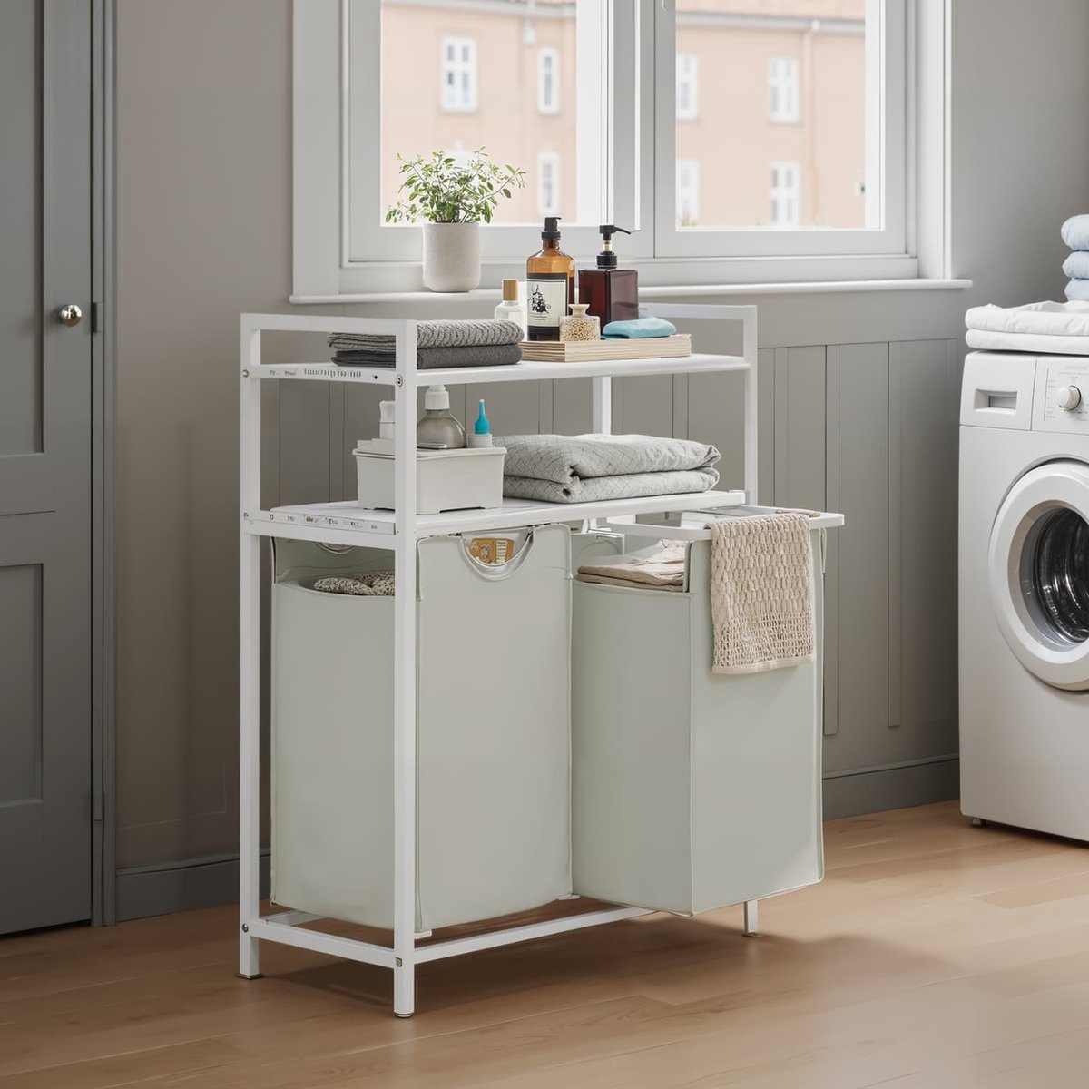 Wasmand – Metaal en stof – Zwart en grijs – Dubbele uittrekbare zakken met schappen