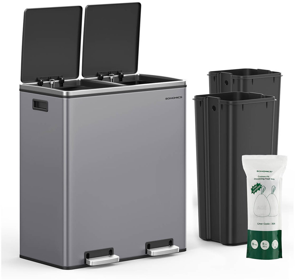 Vuilnisbak met twee compartimenten – Kunststof – Leigrijs – Soft Close, 2 x 30 liter met pedalen en 15 vuilniszakken