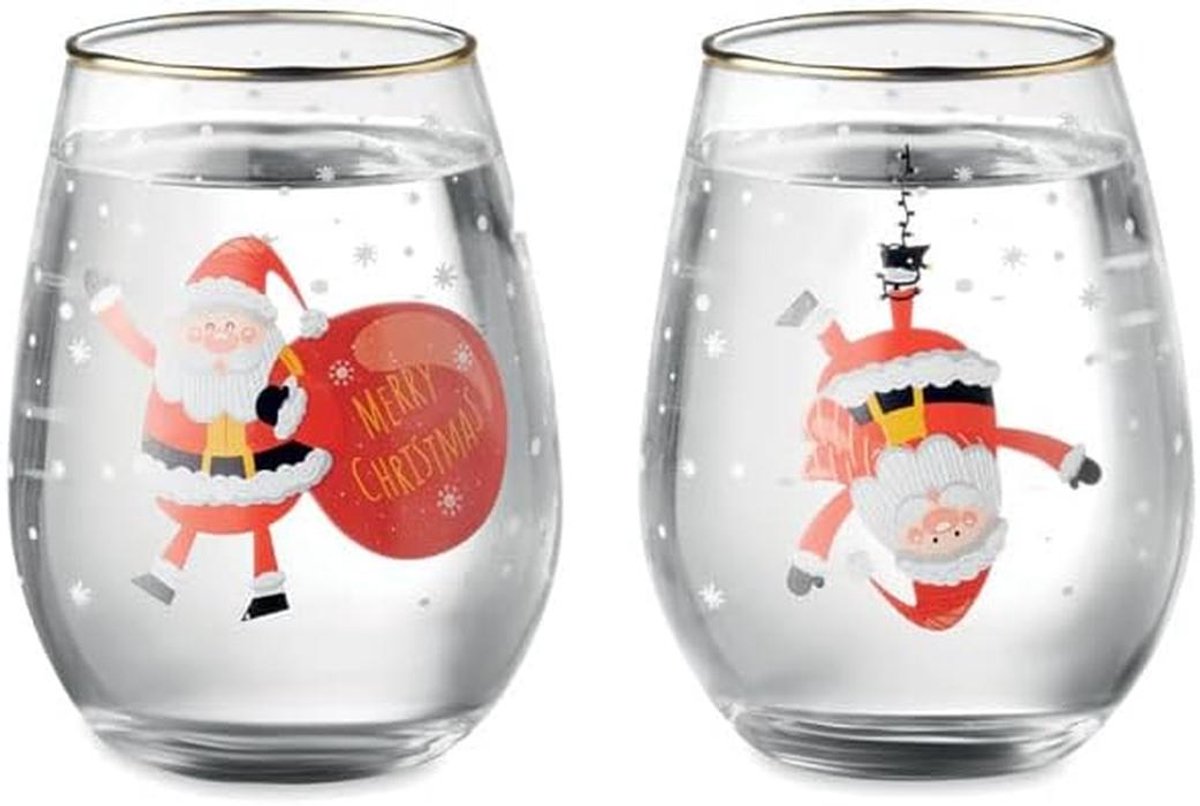 Xmas Drinkglazen Set van 2 - Kerst Waterglazen met Gouden Rand - 330ml - In Cadeaudoos