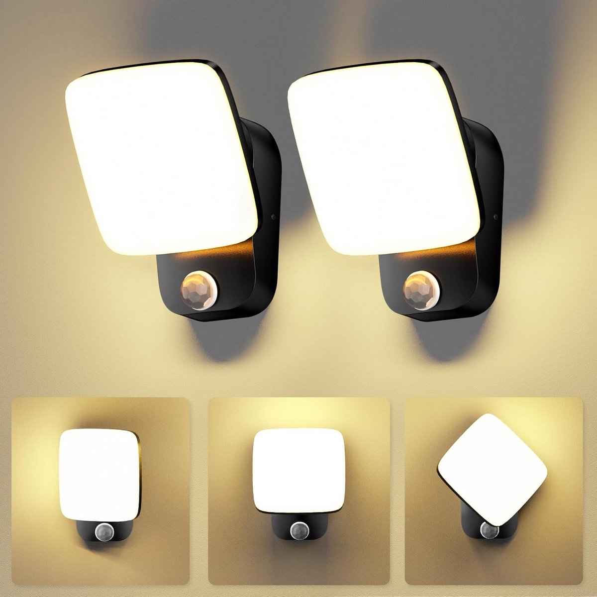 Set van 2 LED Buitenlampen met Bewegingsmelder - Draaibaar Paneel Warm Wit Licht