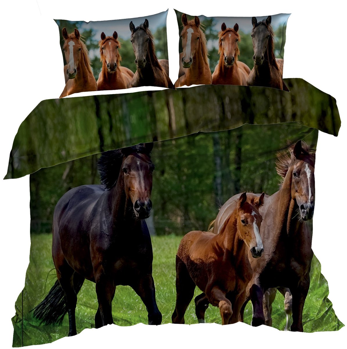3D Katoen Satijn Dekbedovertrek Set 160x200cm Paarden