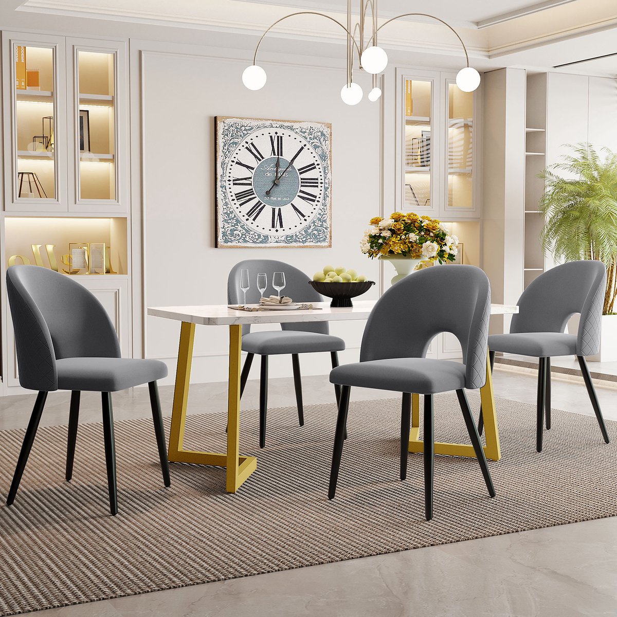 OKWISH Eethoek Set Met 4 Stoelen En Eettafel – Fluwelen Stoelen Met Ruitstiksel – Keuken En Eetkamer – Grijs – 117×68×75 Cm