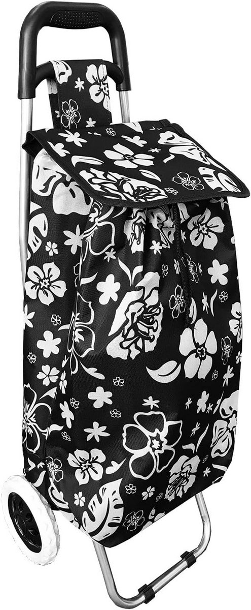 Opvouwbare Boodschappentrolley Trapklimmer met Grote Mand en Wielen - Bloemenprint Zwart