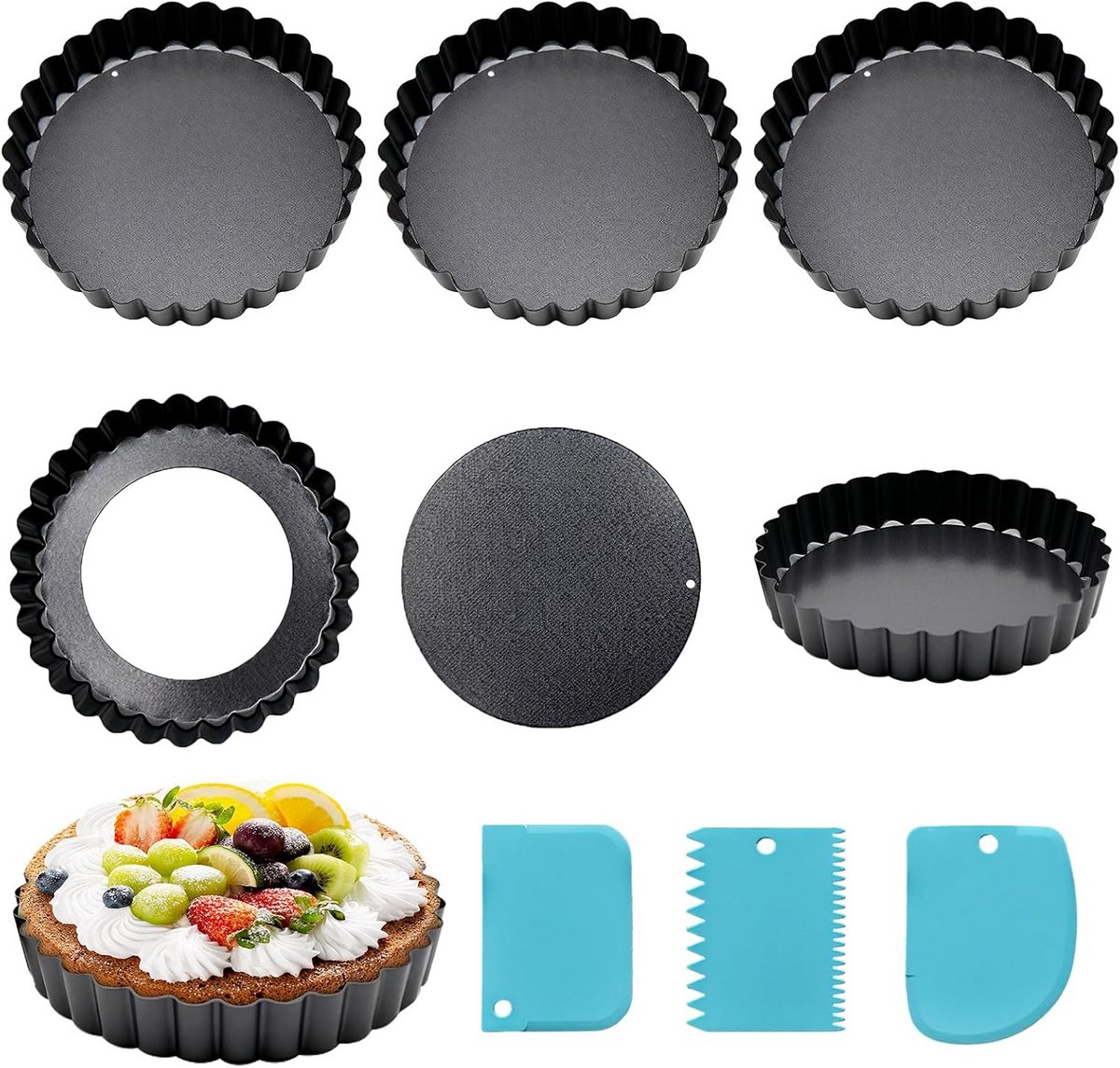 6x Mini Taartvormpjes met Hefbodem 10cm - Anti-Aanbak & Koolstofstaal + Gratis Deegschrapers