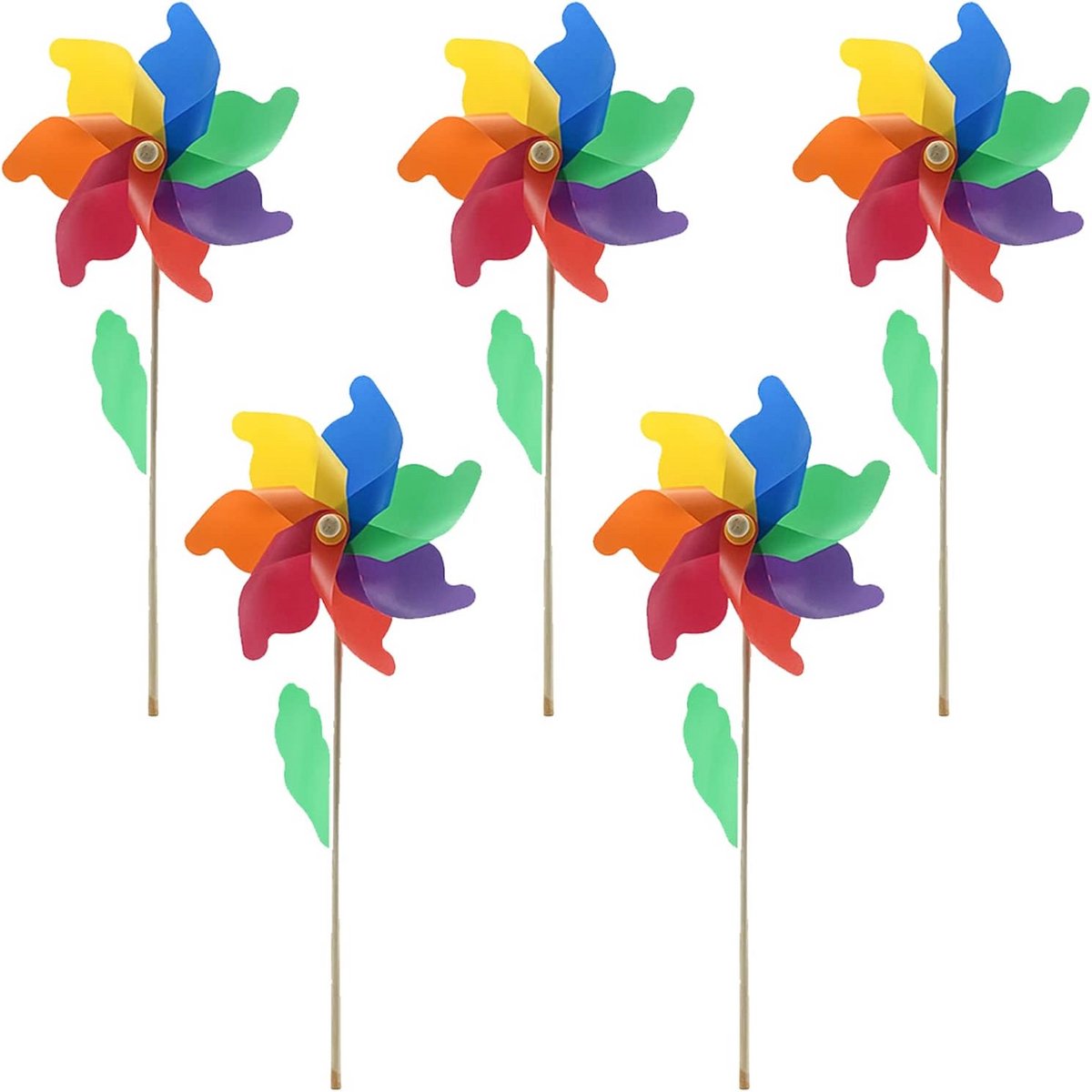 5x Gekleurde Regenboog Windmolens op Houten Paal - Tuindecoratie voor Buiten