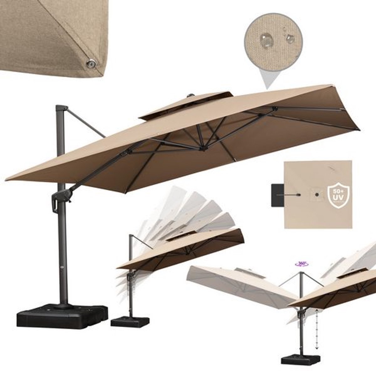 PURPLE LEAF Vierkant Parasol – met Handkruk – Grijs Frame – Dubbellaagse Kap – 360° Draaibaar – Geschikt voor Tuinen – Terrassen – Zwembaden