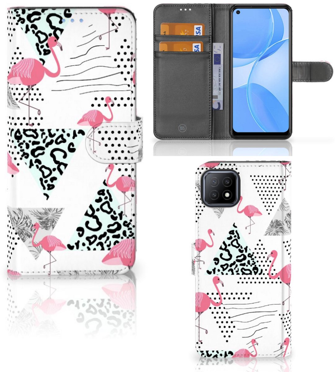 OPPO A73 5G Telefoonhoesje met Pasjes Flamingo Triangle