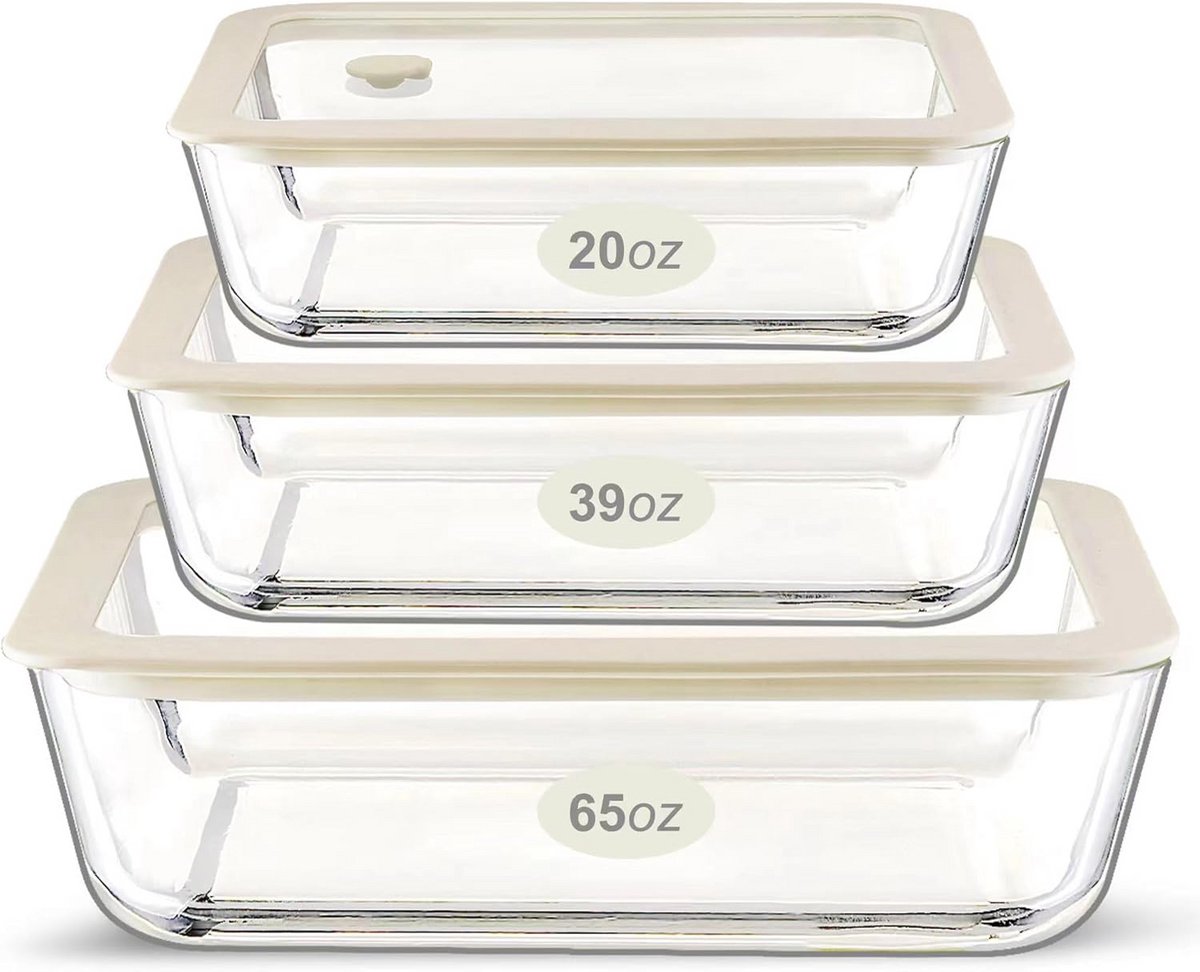 Glazen voedselcontainerset met siliconen deksels - 3-pack voor luchtdichte voedselopslag